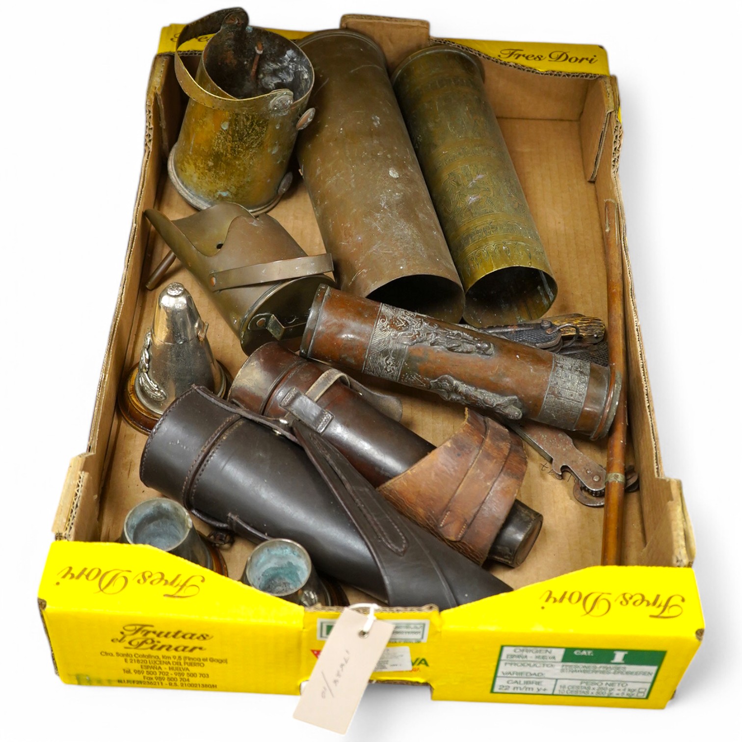 A collection of First World War trench art including engraved shell cases, mounted bullets in the form of a table lighter, ashtrays, etc. three penknives, a broken swagger stick, etc. Condition - poor to fair.